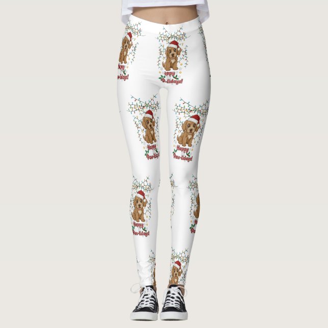 Leggings Feliz Paw-lidays Diseño de Cockapoo de Navidad (Anverso)