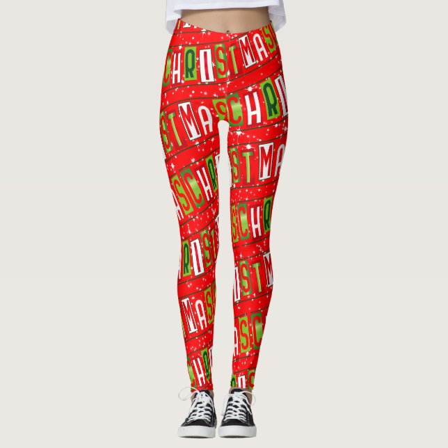 Leggings Feliz texto navideño Blanco verde rojo estrellado (Anverso)