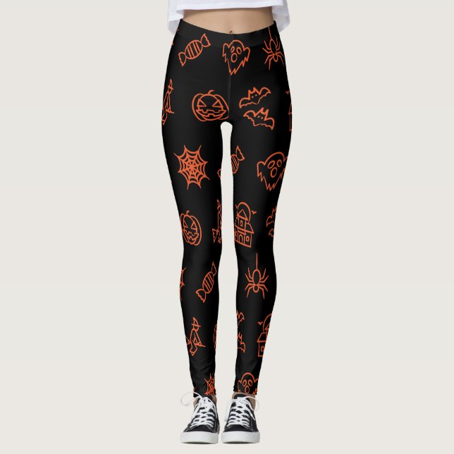 Leggings Feliz y espeluznante patrón de Halloween - Negro y (Anverso)