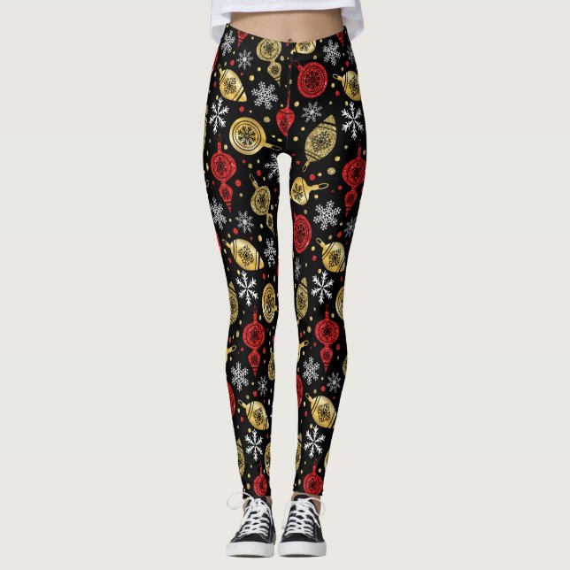 Leggings femeninas con adornos navideños rojos/dor (Anverso)