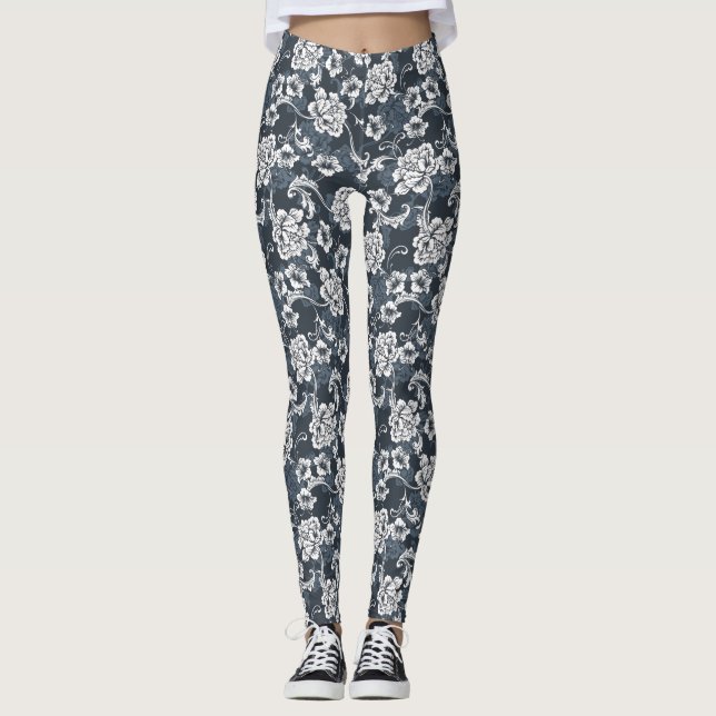 Leggings femeninas con flores grisáceas y azules d (Anverso)