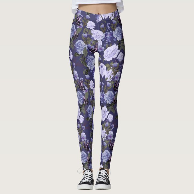 Leggings femeninas de mariposa morada floral (Anverso)