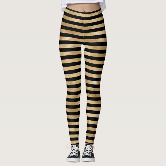 Leggings femeninas de rayas negras y doradas (Anverso)
