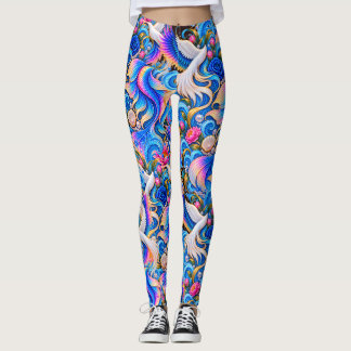 Leggings femeninos de arte floral de grulla japone