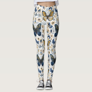 Leggings femeninos florales de mariposa azul y dor