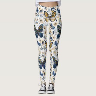 Leggings femeninos florales de mariposa azul y dor