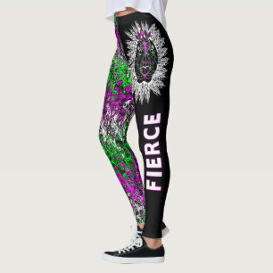 Leggings Feroces piernas de león, negro con motivos colorid