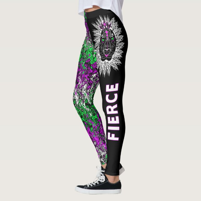 Leggings Feroces piernas de león, negro con motivos colorid (Izquierda)
