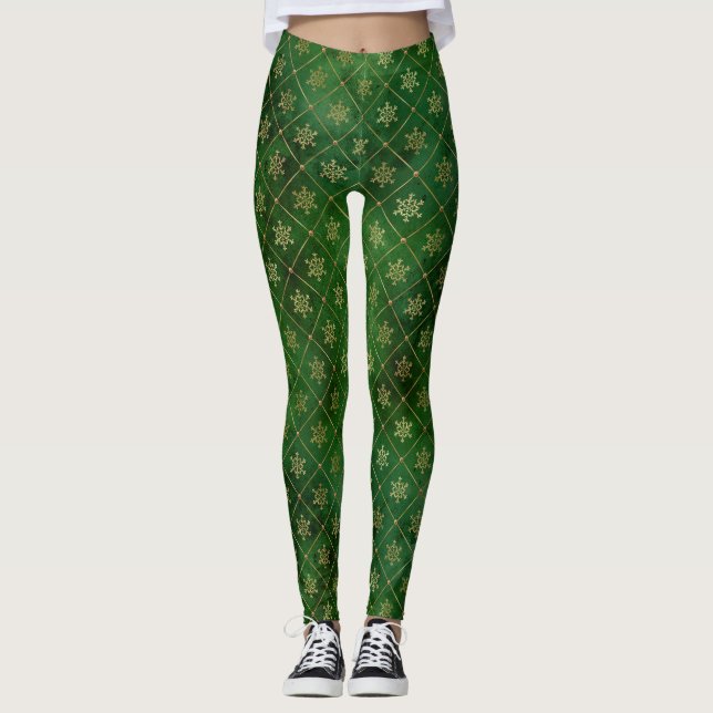 Leggings Festividad de copos de nieve verde y Relieve metal (Anverso)