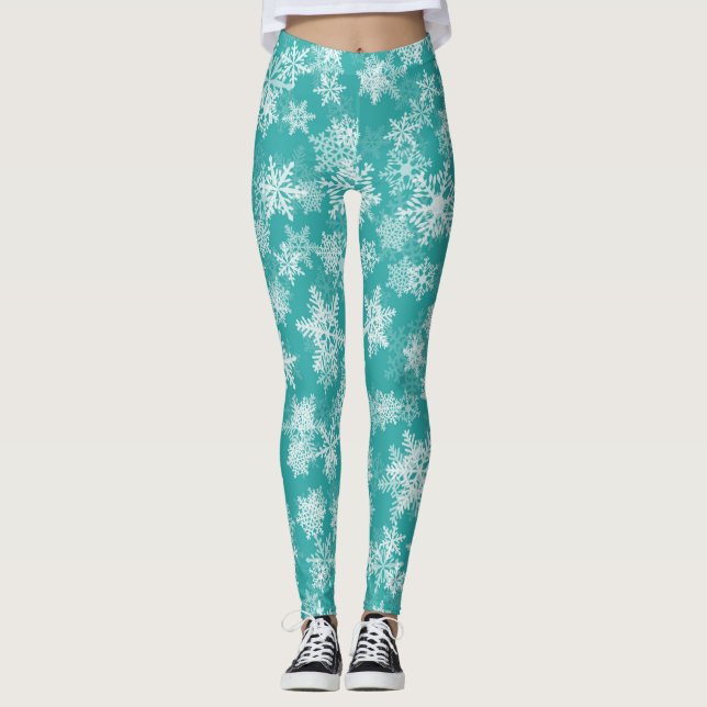 Leggings Festividad de invierno con copos de nieve verde az (Anverso)