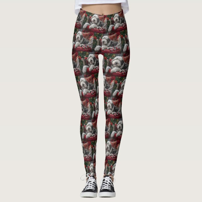 Leggings Festividad de Navidades de Sheepdog ingleses viejo (Anverso)