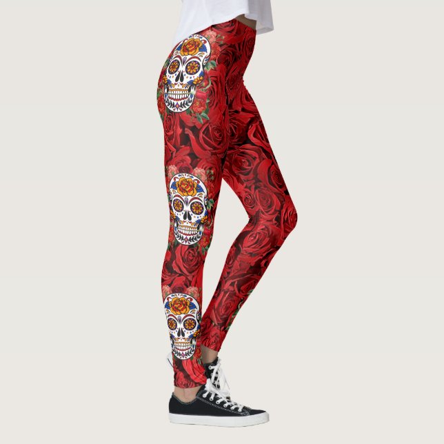 Leggings Festividades de las rosas rojas rosadas del cráneo (Derecha)
