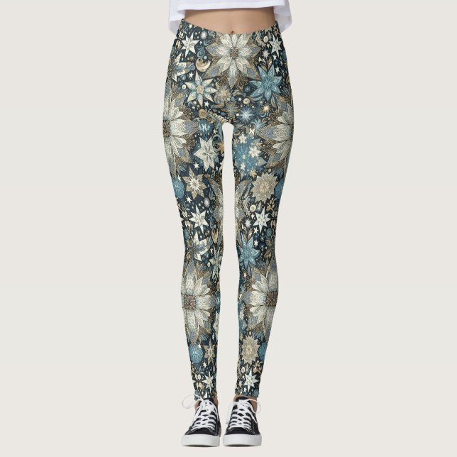 Leggings Festividades y copos de nieve azules y dorados (Anverso)