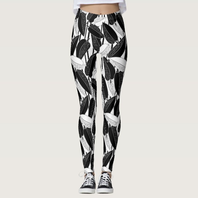 Leggings Ficus negro moderno hojas con rayas abstractas p (Anverso)