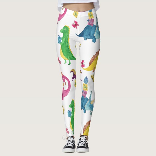Leggings Fiesta de dinosaurios: patrón de acuarela. (Anverso)