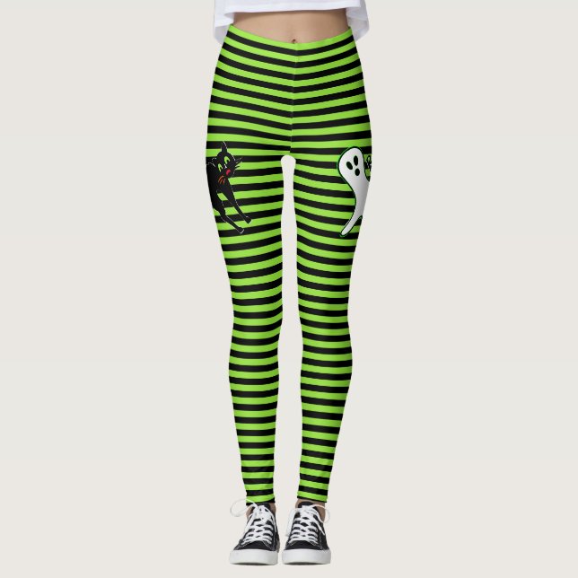 Leggings Fiesta de Halloween Fantasma Gato lindo Negro Verd (Anverso)