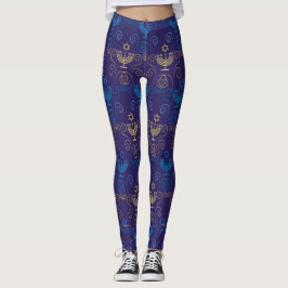 Leggings Fiesta del Festival Hanukkah Patrón de doodle azul