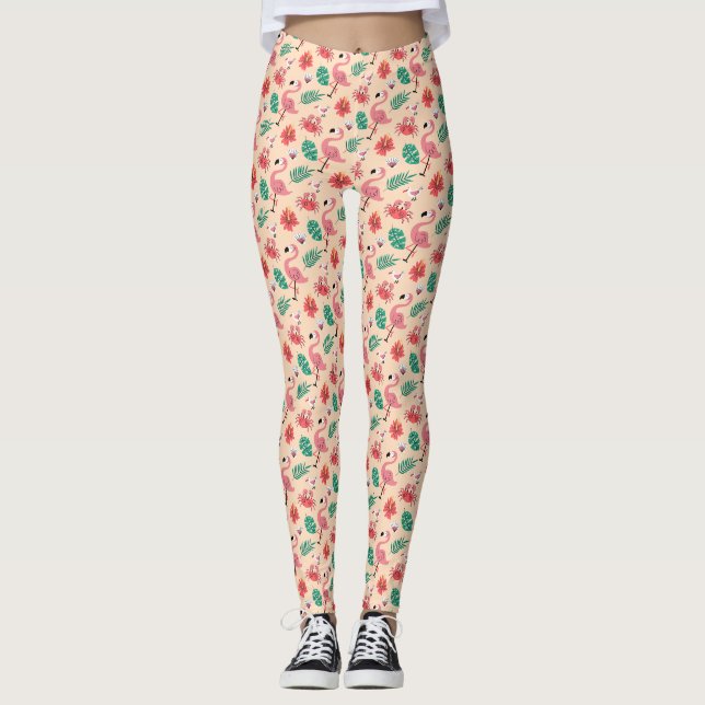 Leggings Flamenco Rosa Patrón Tropical de Verano (Anverso)