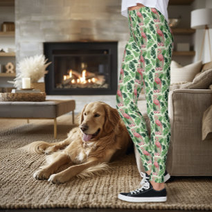 Leggings Flamenco Rosa Tropical Hojas de Palma Verde Lirios