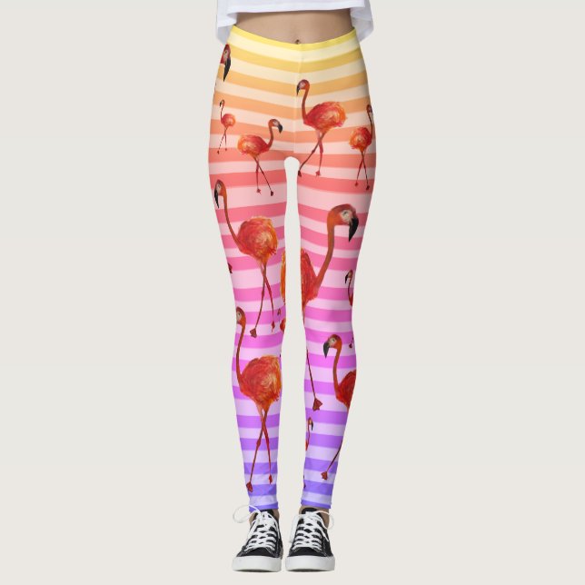 Leggings flamencos de aves leggings, fondo de rayas (Anverso)