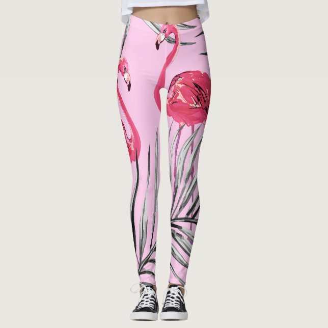 Leggings Flamencos, patrón de cosecha de acuarela tropical. (Anverso)