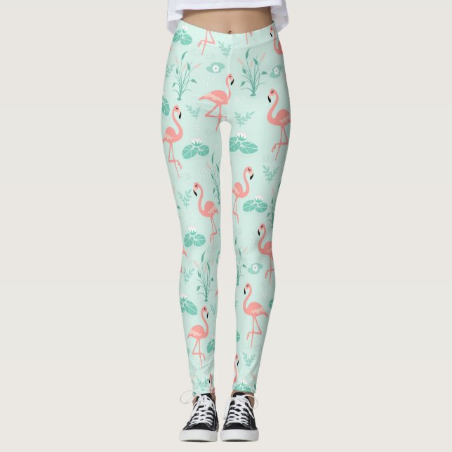 Leggings Flamencos Rosa Verde Aves Tropicales Modernos  (Anverso)