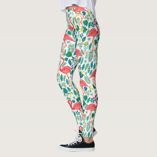 Leggings Flamencos rosados y patrón de flores tropicales