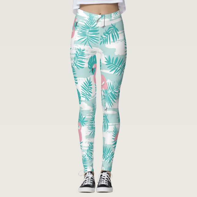 Leggings Flamencos rosas, hojas de palma verdes, tropicales (Anverso)