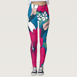 Leggings Flamencos tropicales: fondo de Hibiscus Plumeria.