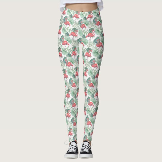 Leggings Flamencos y hojas rosadas. (Anverso)