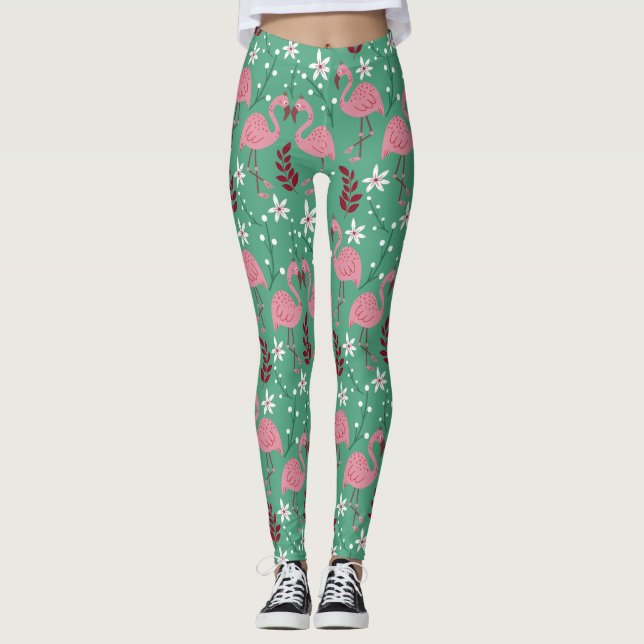 Leggings Flamingo floral sin soldadura patrón rosa verde (Anverso)