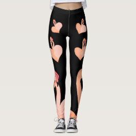 Leggings Flamingo Love, Black Personalizado Leggings, Heart
