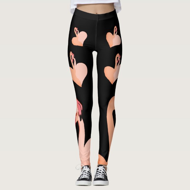 Leggings Flamingo Love, Black Personalizado Leggings, Heart (Anverso)