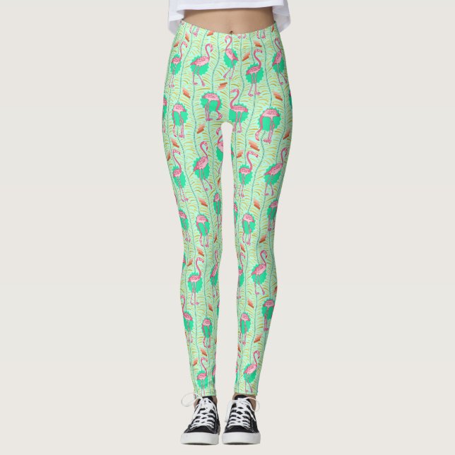 Leggings Flamingo Rosa Fermín Trópico Patrón Verano Verde (Anverso)