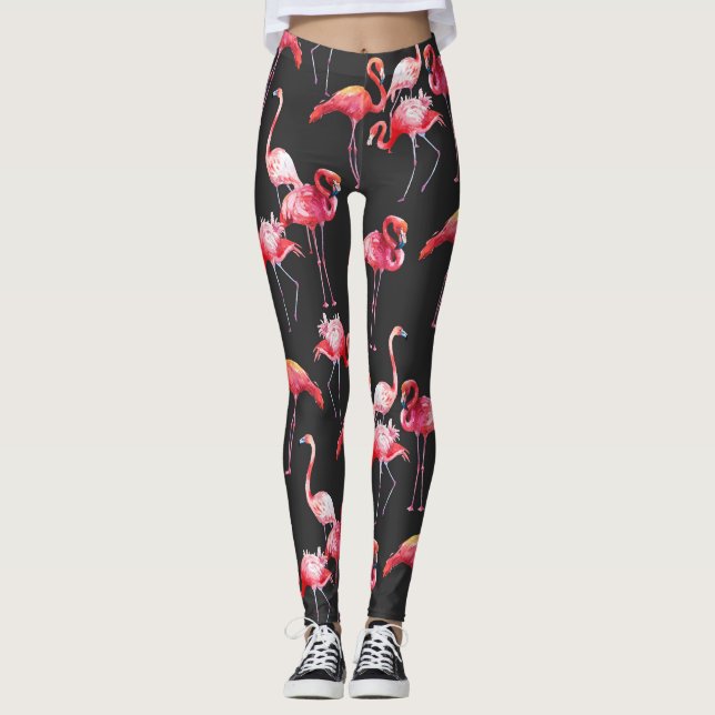 Leggings Flamingo Rosa: Patrón acuarela tropical. (Anverso)