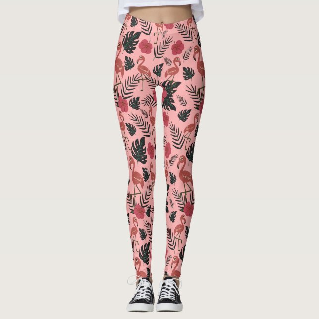 Leggings Flamingo rosa sin costura flores patrón y hojas (Anverso)