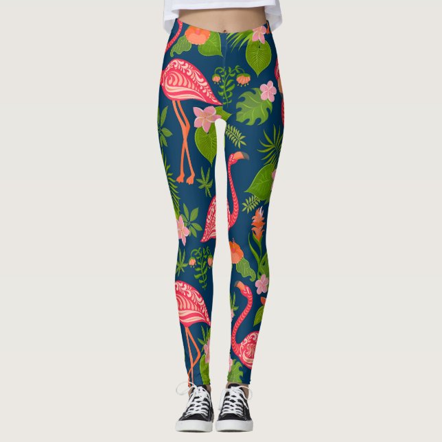 Leggings Flamingo rosa: Vintage a rayas turquesas (Anverso)