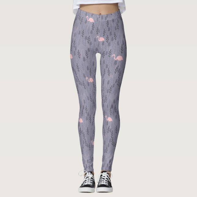 Leggings Flamingo rosado moderno Floral morado oscuro (Anverso)