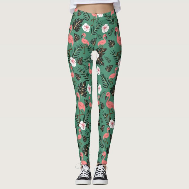 Leggings Flamingo seamless pattern pink on green background (Anverso)