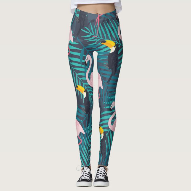 Leggings Flamingo, toucano: patrón de hojas tropicales (Anverso)