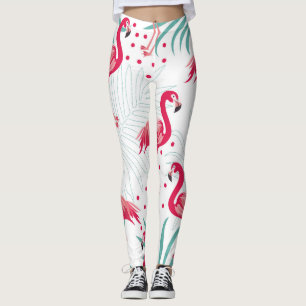 Leggings Flamingo y hojas tropicales, patrón de verano.