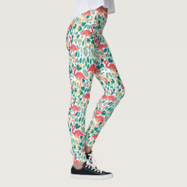 Leggings Flamingos coloridos patrón de flores tropicales