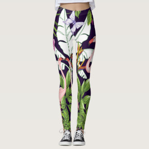 Leggings Flamingos, plantas tropicales: patrón vintage.