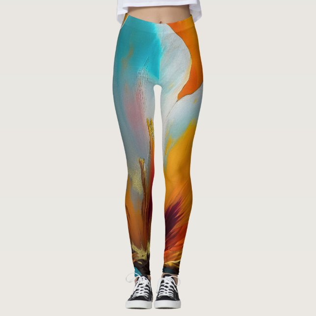 Leggings Flor abstracta en naranja y azul turquesa (Anverso)
