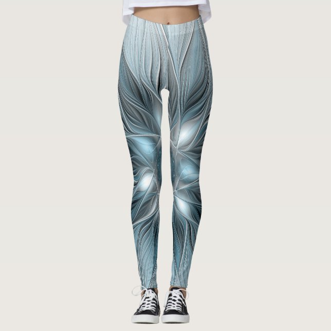 Leggings Flor alegre Abstracto Floral Gris azul Fractal (Anverso)