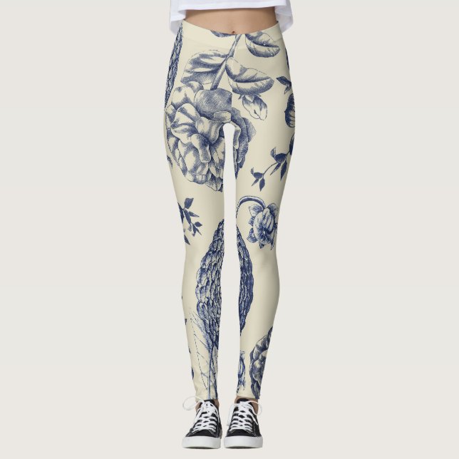 Leggings Flor azul anticuada impresa floral (Anverso)