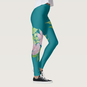 Leggings flor azul turquesa y azul audaz de color rosa flor