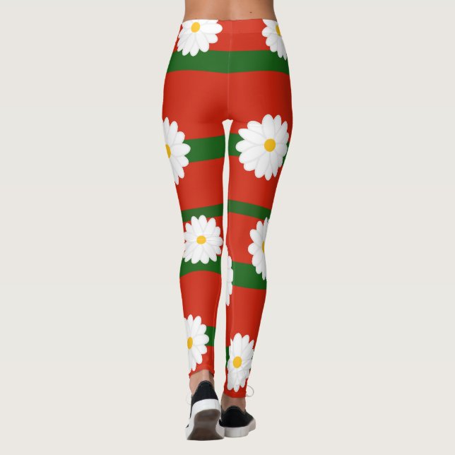 Leggings Flor blanca de margarita roja Feliz Navidad (Reverso)