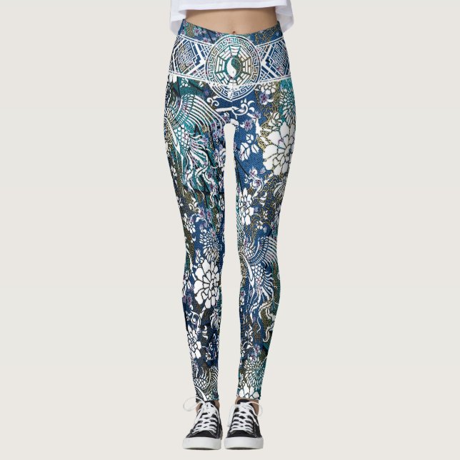 Leggings Flor blanca del dragón de Yin Yang (Anverso)
