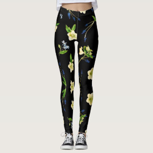 Leggings Flor blanca y brotes azules patrón floral